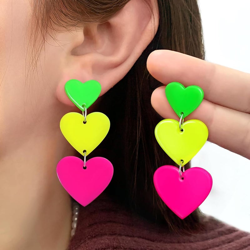 HOLYRY Neon Heart Earrings for Women Acrylic Neon Earrings 80s 90s Outfit for Women Glow Party Accessories Gifts Hot Pink Orange Green Yellow - Image 2
